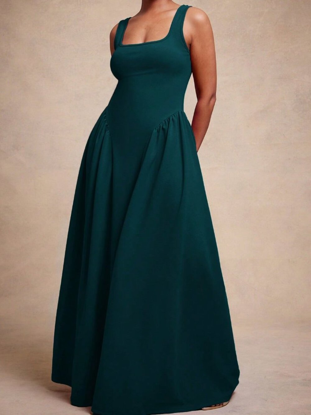Cadet Blue Elegant Women's Knit Square Neck Drop Waist Maxi Dress